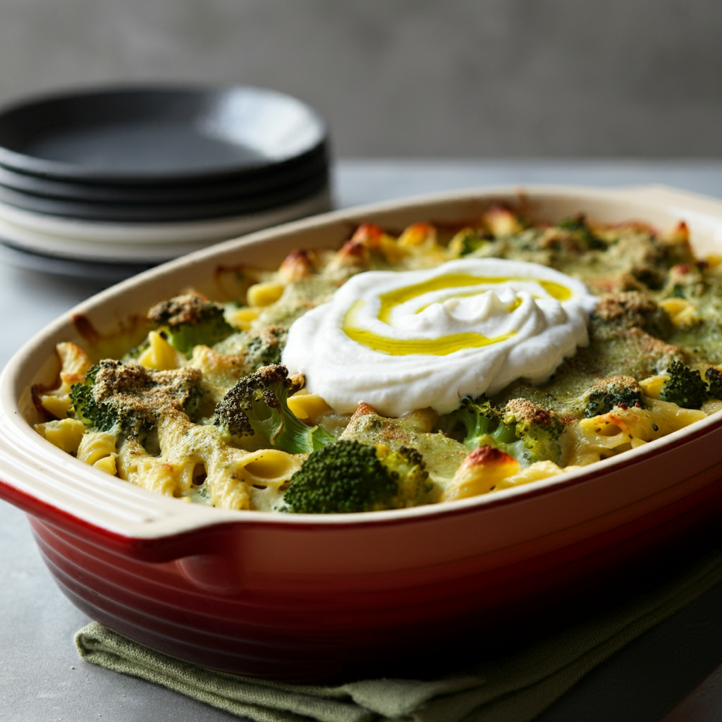 Schupfnudel-Brokkoli-Auflauf mit Hummus und Kokosjoghurt