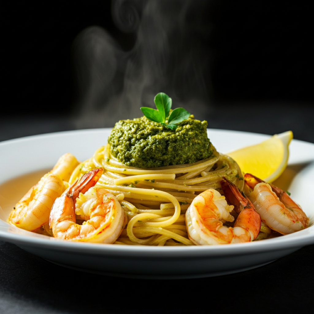 Selbstgemachtes Kräuterpesto mit Garnelen und Spaghetti