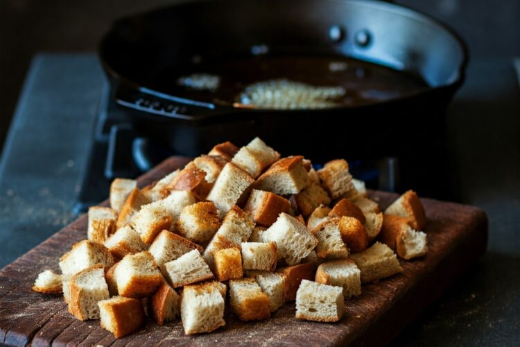 Brotwürfel werden in einer Pfanne mit heißem Öl goldbraun geröstet.